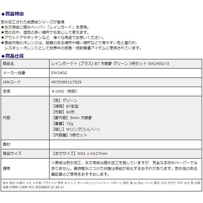 日本ノート レインガード＋ (プラス) B7 方眼罫 グリーン 5冊セット SW240G×5 撥水 耐水 水濡れ メモ帳 アウトドア 野外 キャンプ 地震 災害 防災 | APICA | 07
