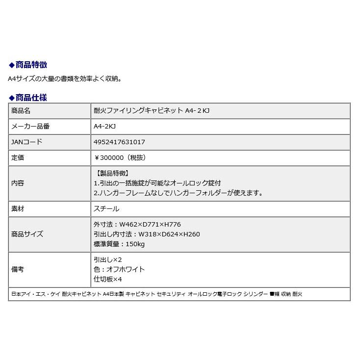 日本アイ・エス・ケイ 耐火ファイリングキャビネット A4-2KJ 地震 災害 防災｜econvecoco｜02