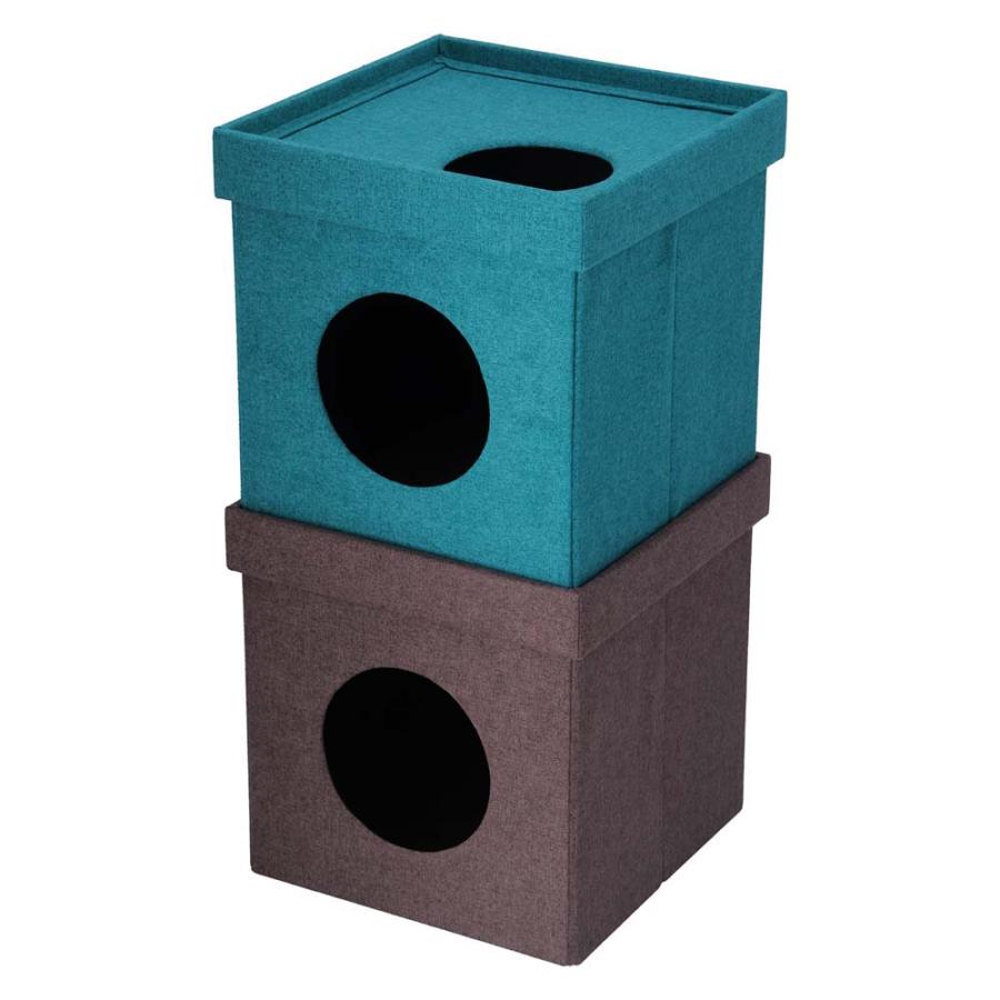 不二貿易 ペットハウスキューブ2段 ブルー / ブラウン 53712 | 不二貿易