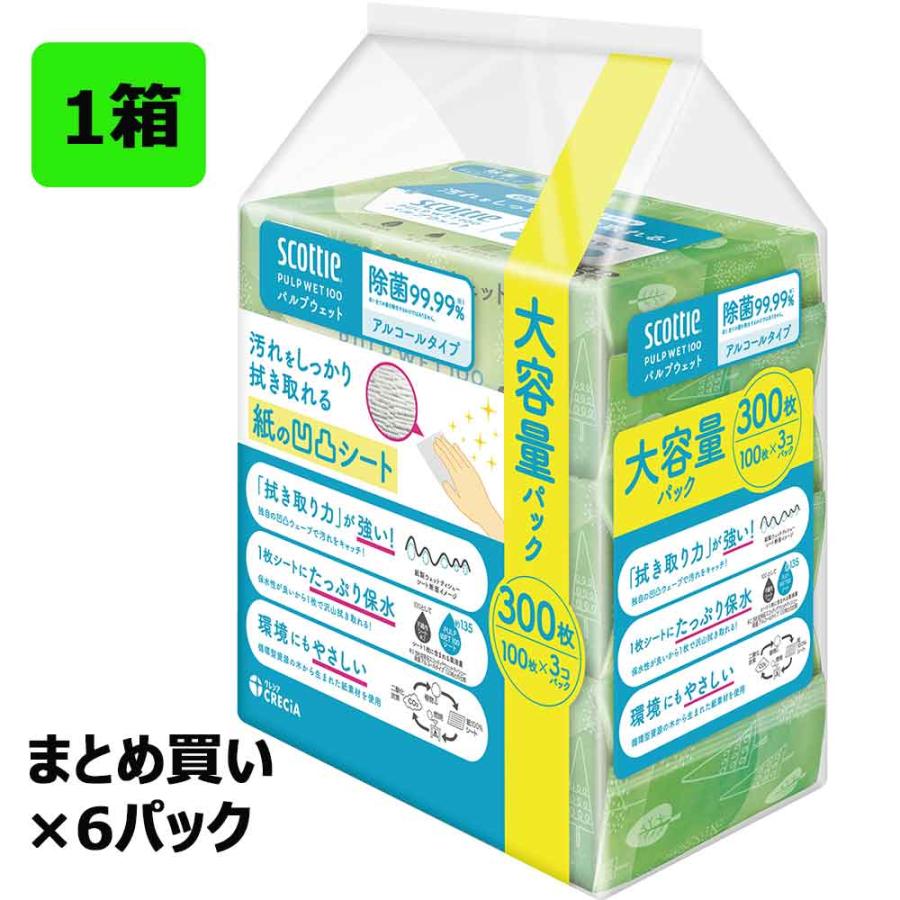 日本製紙クレシア スコッティ ウェットティシュー 除菌 アルコールタイプ PULP WET 100枚 3個パック ×6パック 1ケース 合計18個 77071 まとめ買い 1箱 | スコッティ