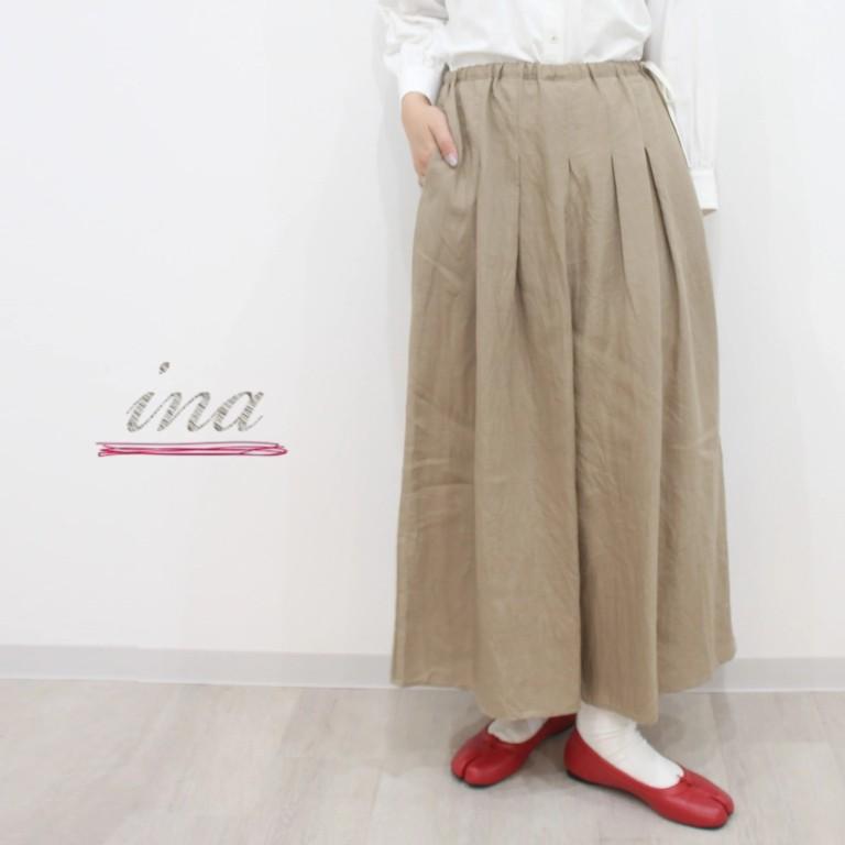 ina イナ ワイド パンツ ガウチョ スカーチョ キュロット タック ウエスト 紐 ゴム リネン 麻 100% 日本製 | イナ