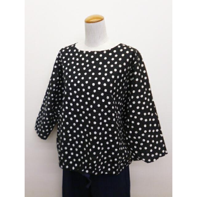 ◆美品◆NARU◆ドルマンリップルドットブラウス◆大きいサイズ感◆白×黒◆フリー NARU ナル 60ローンリップルドット柄ドルマンスリーブプルオーバー