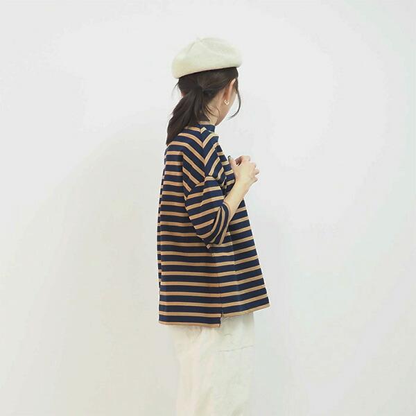 NARU ナル Tシャツ 5分袖 カットソー ロンT ロンティー レディース  ボーダー ワイド ボトルネック デラヴェ ジャージー 綿 100% ポーセリン 日本製 | NARU | 01