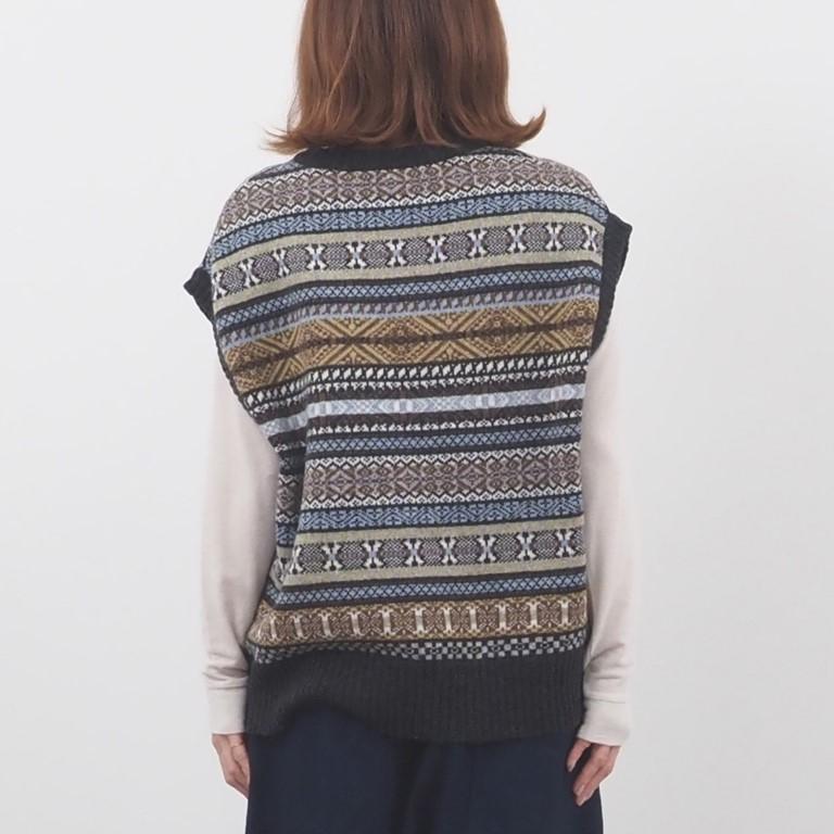 NARU（ナル） ベスト ニット クルーネック フェアアイル 柄 幾何学模様