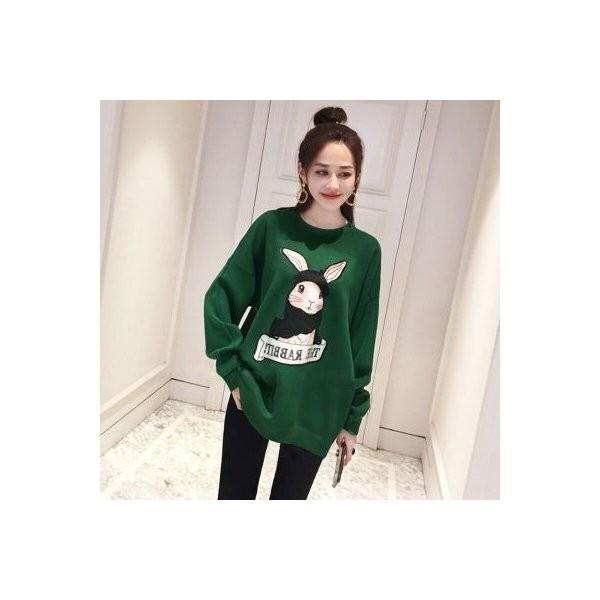 スウェットシャツ パーカー レディース トップス 丸首 ラウンドネック ロングtシャツ ウサギ 学生 スクール風 ゆったり 秋冬 厚手