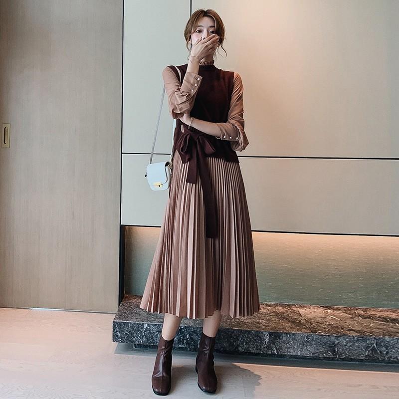 セットアップ レディース ニットベスト ワンピース 2点セット ロング丈 ひだ付き プリーツ 無地 長袖 薄手 上品 優雅 モックネック Ec Ecshop 通販 Yahoo ショッピング