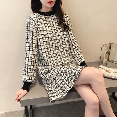 ワンピース ニットワンピース ロングセーター レディース ツイード地 秋冬 長袖 チェック柄 マーメイドワンピース フレア フリル 織物 セーター Ec Ecshop 通販 Yahoo ショッピング