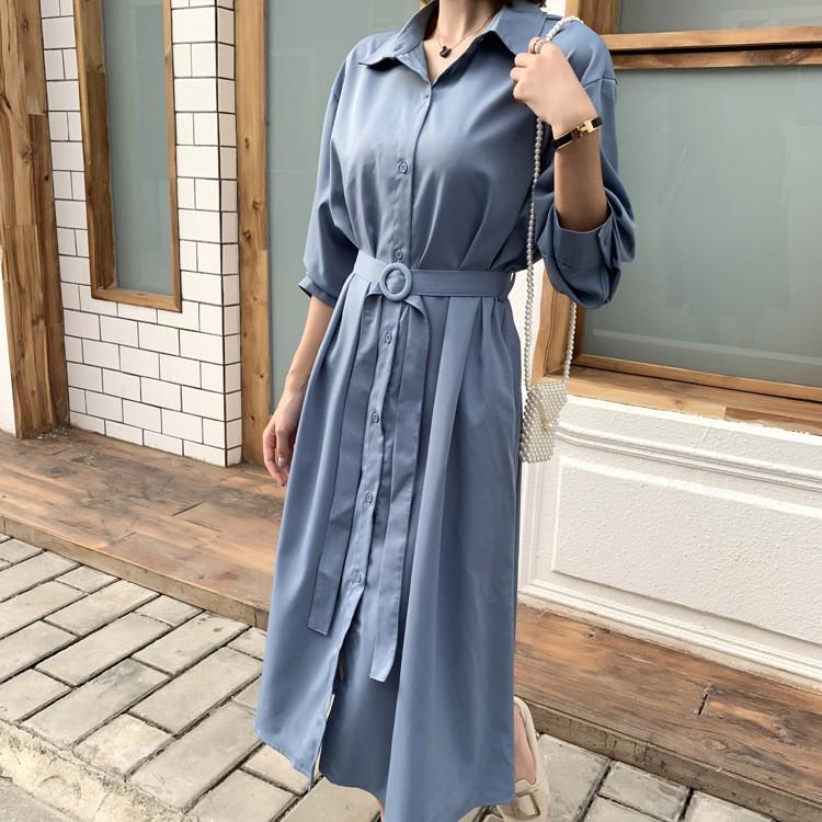 シャツワンピース レディース ロングワンピース 折り襟 フレア裾 前開き ウエストベルト モノトーン 無地 長袖 薄手 春 夏 ブルー プリーツ Ec Ecshop 通販 Yahoo ショッピング