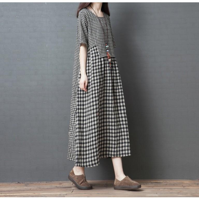 マキシワンピース レディース ロング丈 マキシワンピ 半袖 チェック柄 切り替え 綿麻 丸首 M L Xl ２xl 着痩せ 春 夏 快適 ポケット付 Ec Ecshop 通販 Yahoo ショッピング