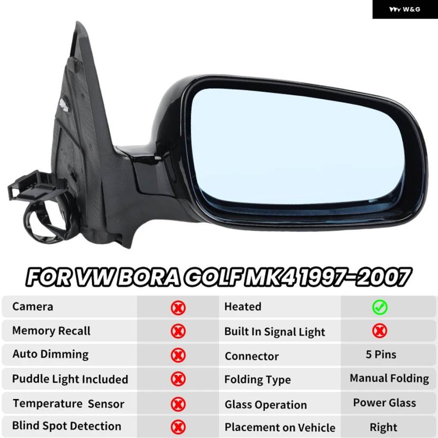 並行輸入品 フォルクスワーゲン ゴルフ MK4 1997-2007 ブルーレンズ ヒーターウィングミラー カー用 5ピン ドアサイドミラー