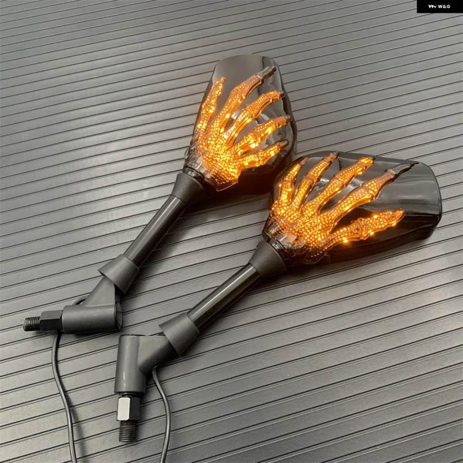 並行輸入品 1ペア10MM バイク ハンドルバー スカル ハンドパターン ゴーストクロー リアビューサイドミラー 12V LED ライト カスタム