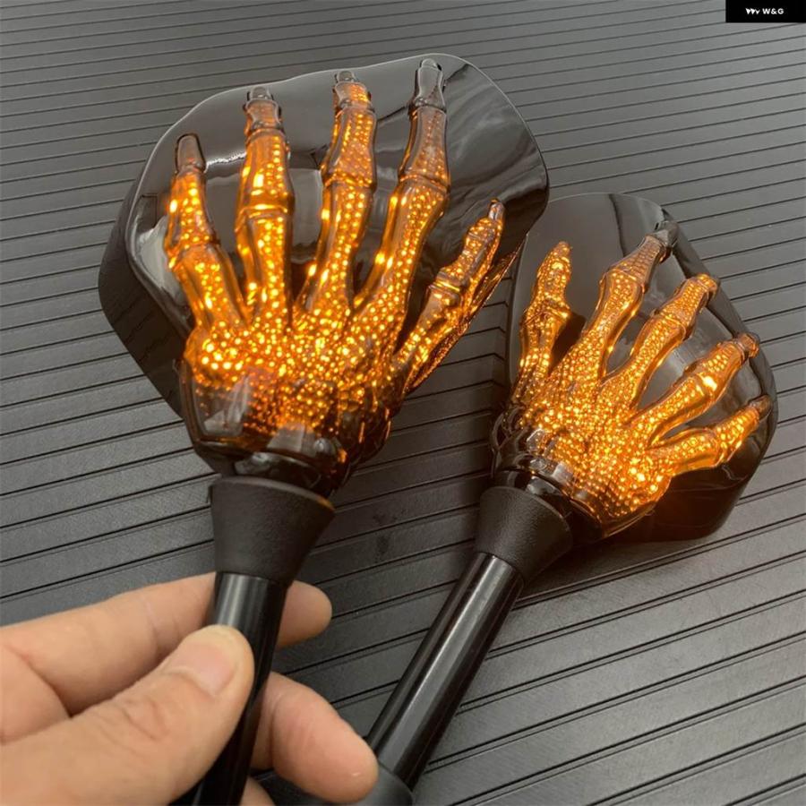 並行輸入品 1ペア10MM バイク ハンドルバー スカル ハンドパターン ゴーストクロー リアビューサイドミラー 12V LED ライト カスタム