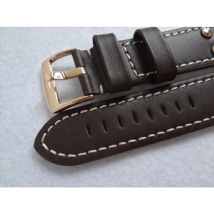 リベット付き腕時計レザーベルト バンド 24mm 茶色 ブラウン/ 白