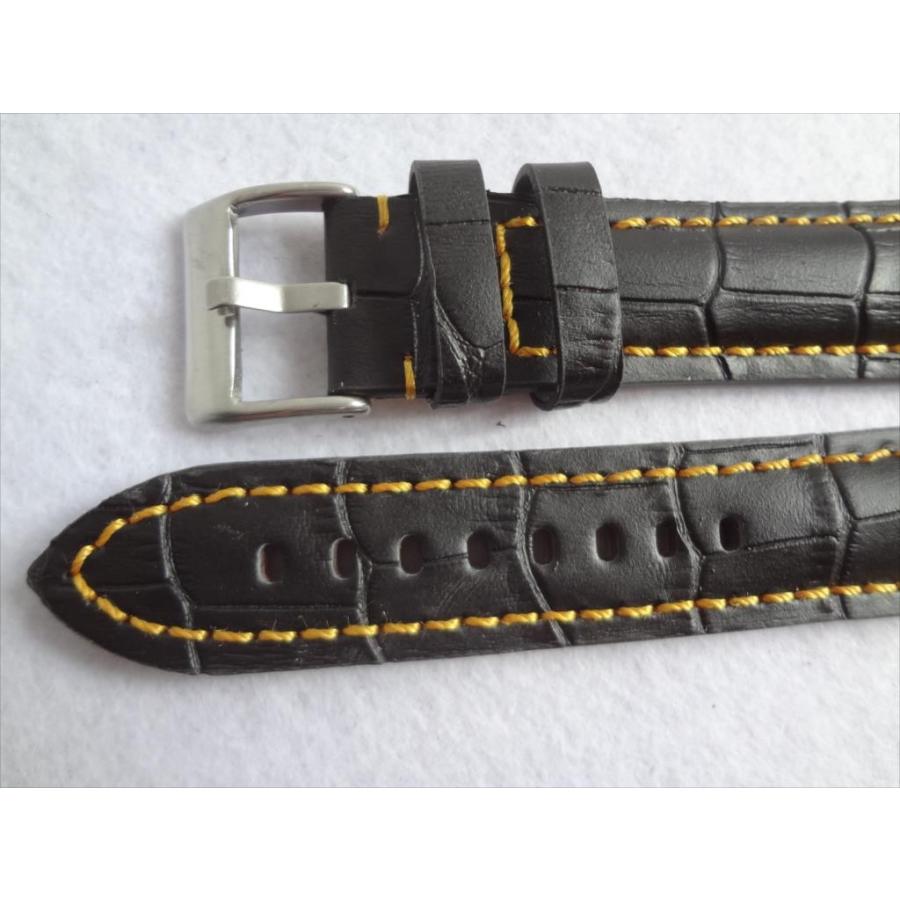 腕時計 レザーベルト 20mm 時計 バンド 黒/黄色ステッチ 裏地