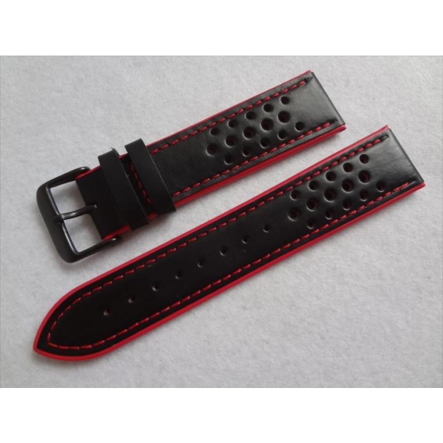 本革 腕時計レザーベルト 22mm 黒/赤 ステッチ 黒バックル 穴