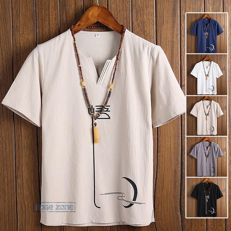 リネンtシャツ メンズ Vネック 半袖tシャツ 綿麻 Tシャツ 文字柄 半袖