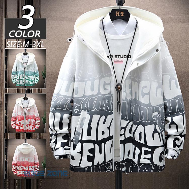 マウンテンパーカー メンズ ジャケット アウター パーカー フード付き 前開き 英語柄 ゆったり 大きいサイズ 再再販