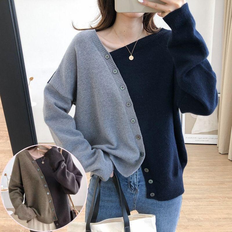 バイカラー ニット アシンメトリー レディース 可愛い セーター 長袖 ゆったり ざっくり カーディガン トップス おしゃれ きれいめ 秋冬 春 秋 冬 ボタン デザイ | 