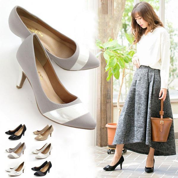 異素材コンビ7cmヒールパンプス異素材 バイカラー ヒール とんがり ポインテッド 美脚 低反発 パーティ 二次会 Kh24 Edie 通販 Yahoo ショッピング