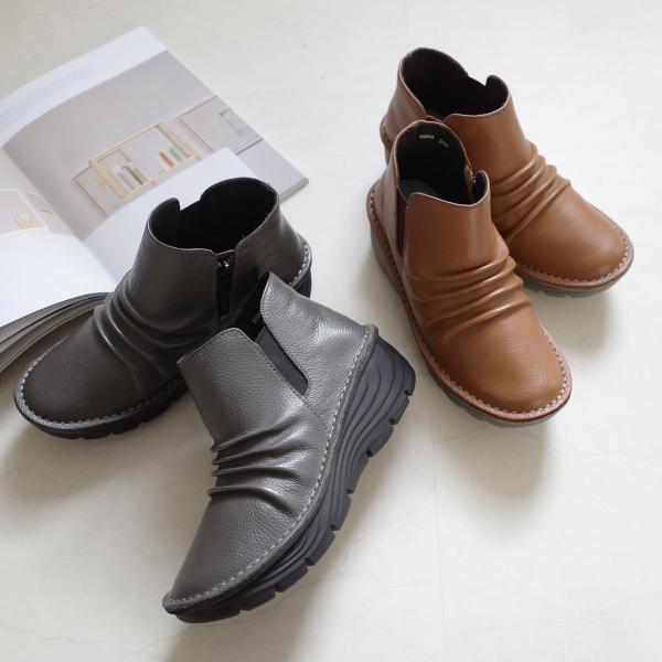 ショートブーツ 本革 レディース 厚底 サイドゴア 歩きやすい フラット