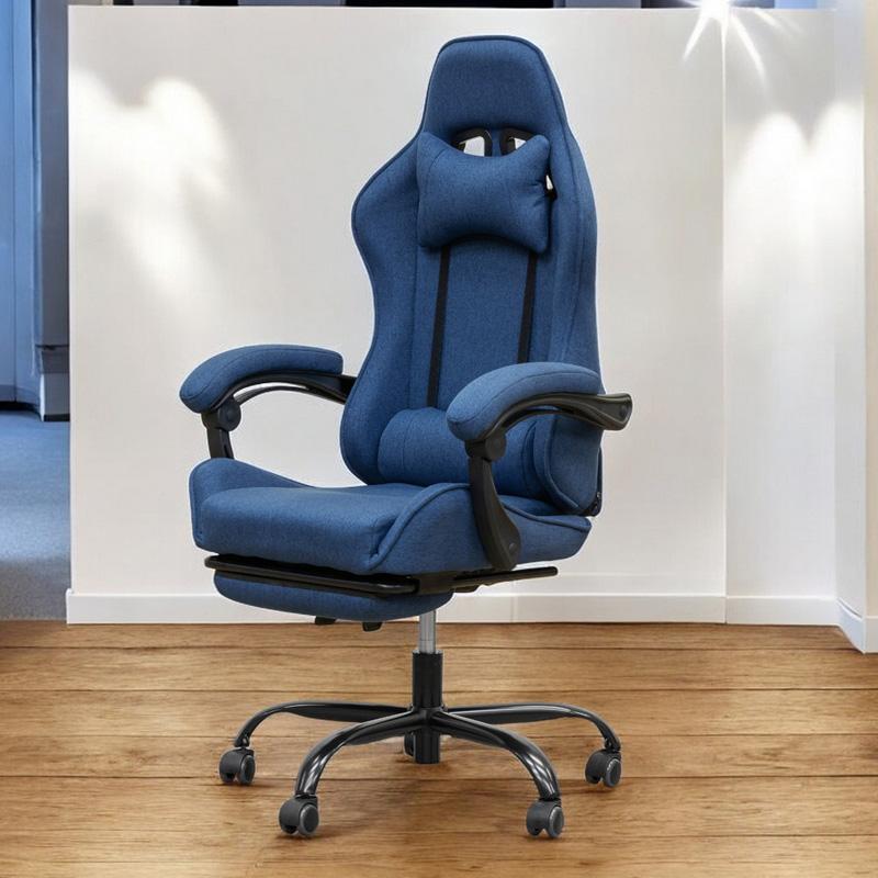 ゲーミングチェア オットマン 肘付き チェア ハイバック リクライニング ファブリック PVC ネイビー 完成品＋設置付き】ゲーミングチェア〔ファブリックタイプ〕（ネイビー