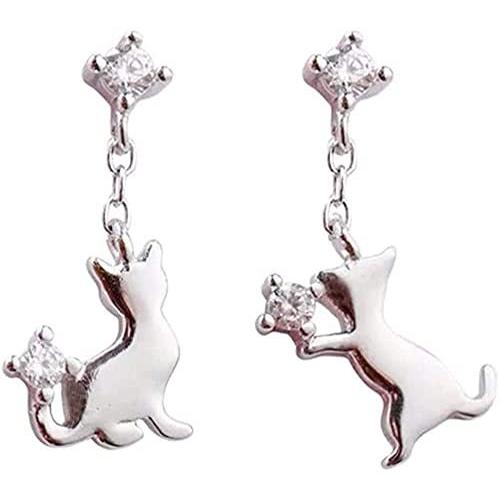Drizzle ピアス シルバー925 CZジルコニア 猫 非対称 かわいい レディースピアス 金属アレルギー対応 ホワイトゴールド ピンクゴールド