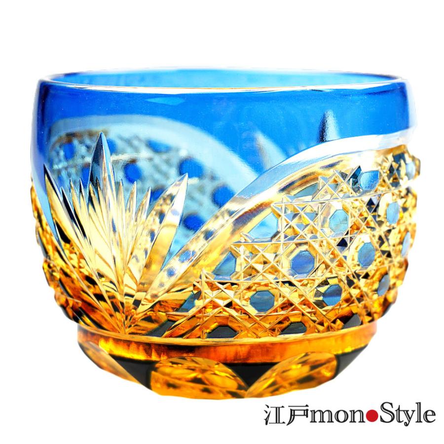 ペア 江戸切子 クリスタル ぐい呑み 八角籠目 緑×アンバーと瑠璃