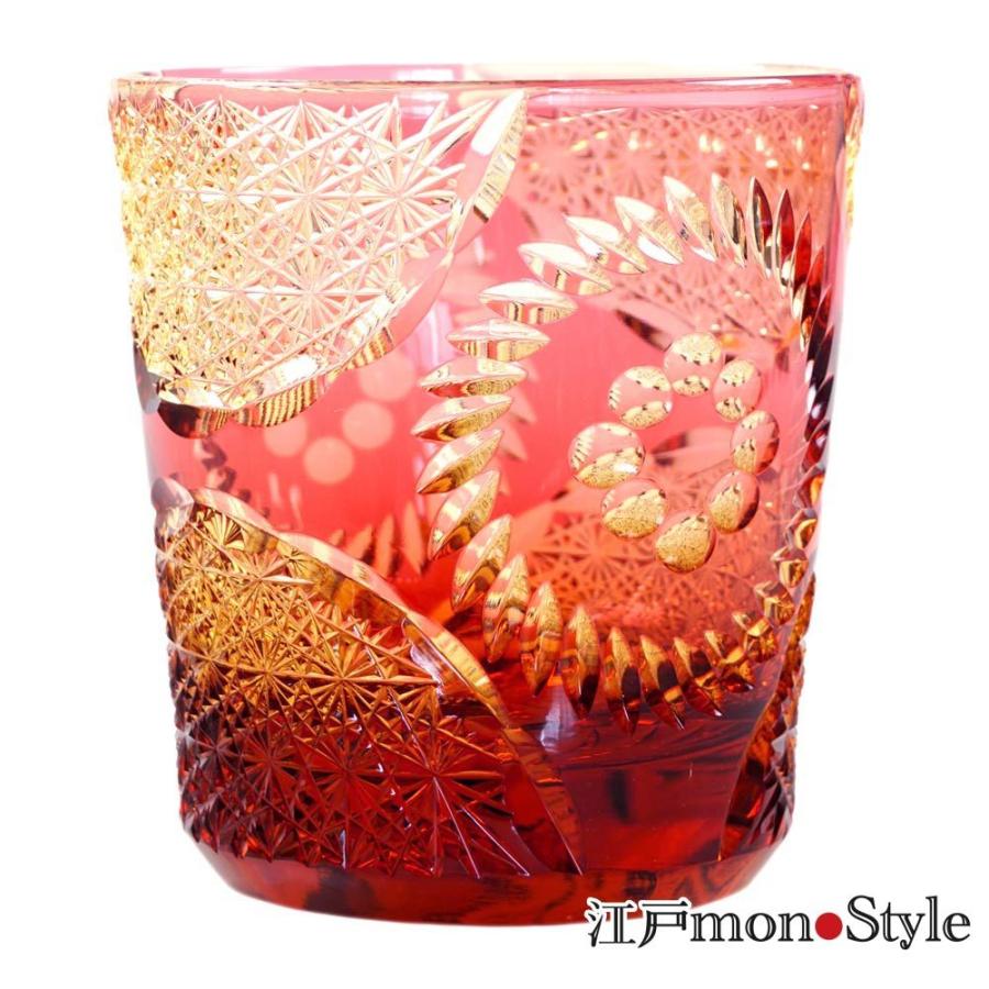 ペア 江戸切子 クリスタル グラス Ring 金赤×アンバー と 瑠璃