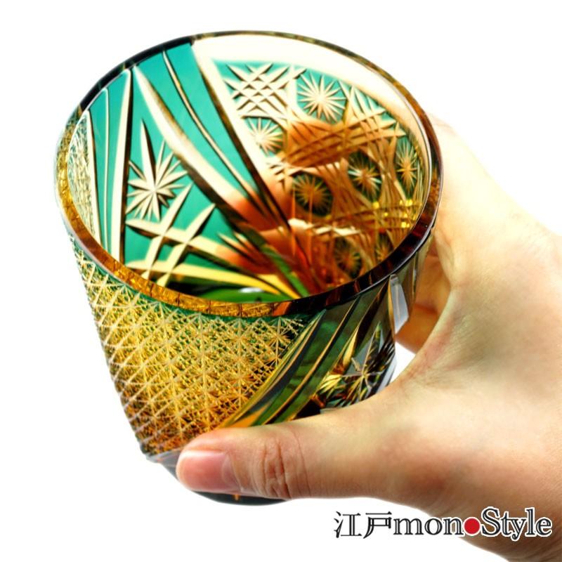 江戸切子 クリスタル グラス 雅 木箱入り 瑠璃×アンバー 緑×アンバー2