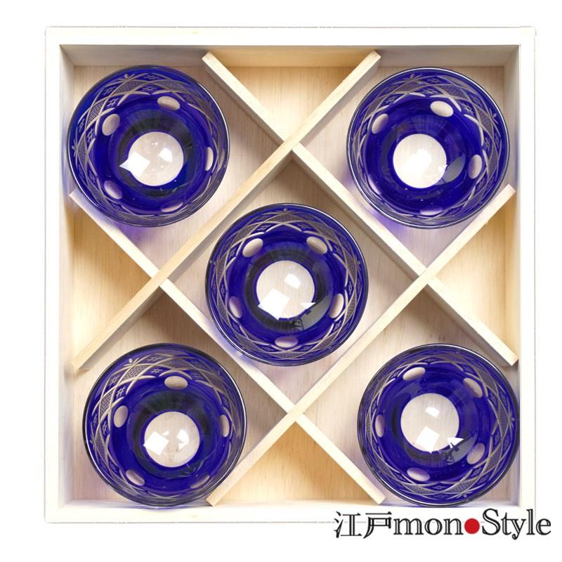 江戸切子 冷茶 グラス 5客 セット 矢来魚子 瑠璃 木箱入り : 江戸 