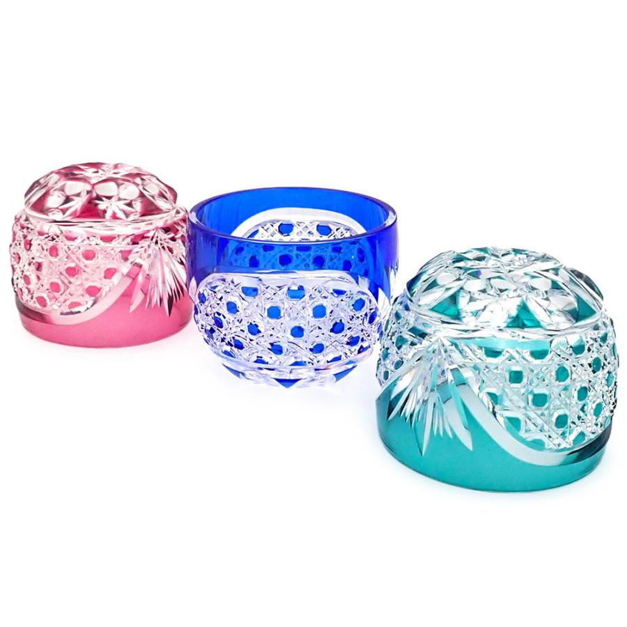 江戸切子 クリスタル ぐい呑み 八角籠目 木箱入り 金赤 瑠璃