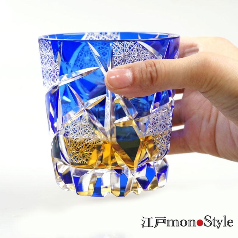 江戸切子 クリスタル グラス crack 木箱入り 金赤 瑠璃 ２色から選べるの画像