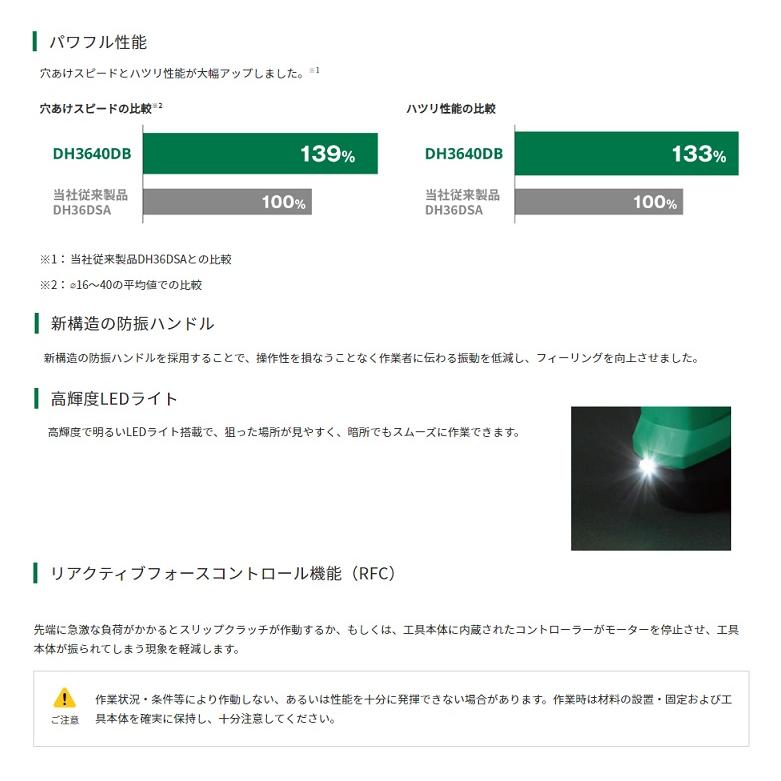 HiKOKI DH3640DB(2WPZ) 36V-17mm六角軸シャンクハンマドリル 4.0Ah蓄電池x2個+充電器付セット 軽く快適にパワフルな穴あけ 新品 代引不可｜edougukann｜02