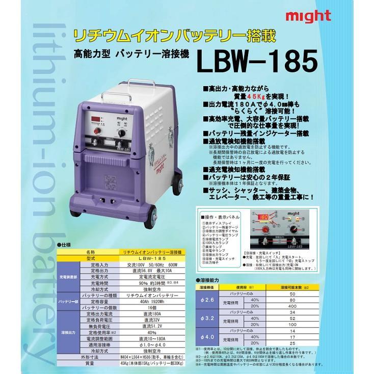 送料無料 マイト工業 LBW-185 高能力型リチウムイオンバッテリー溶接機 出力電流180AでΦ4.0mm棒もらくらく溶接可能 新品 代引不可 LBW185｜edougukann｜02