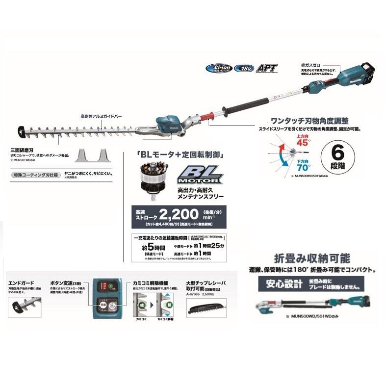 マキタ MUN501WDZ 18V充電式ポールヘッジトリマ 刈込幅500mm 2グリップ仕様 角度可変タイプ 三面研磨刃仕様 本体のみ