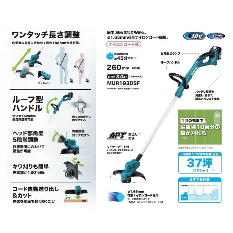 マキタ MUR193DSF 18V 充電式草刈機 刈込幅φ260mm ル−プハンドル仕様 ナイロンコ−ド仕様 青 新品 代引き不可 :mur193dsf:e-道具館 - 通販 - Yahoo!ショッピング マキタ MUR193DSF 18V 充電式草刈機 刈込幅φ260mm ル−プハンドル仕様 ナイロンコ−ド仕様 青 新品 代引き不可 :mur193dsf:e-道具館 - 通販 - Yahoo!ショッピング
