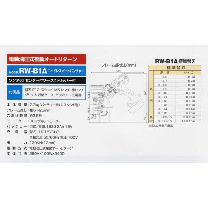亀倉精機 RW-B1A E12+E15+E11-15付 コードレスポートパンチャー セミレスバリア 最大穴あけ能力φ15mm 蓄電池x1個 + 充電器付セット 新品の画像