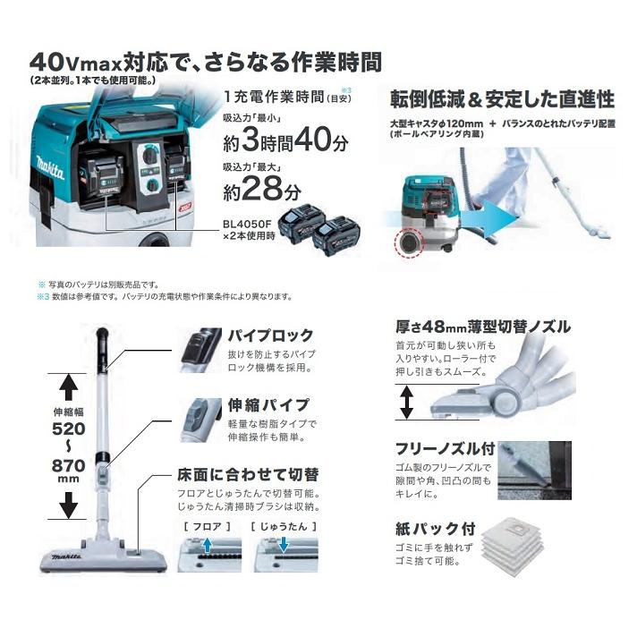 マキタ VC005GZ+BL4050Fx2+DC40RB 40Vmax 充電式ドライクリ−ナ 乾式専用 低騒音46dB(A) 集塵容量8L 5.0Ahバッテリx2個付SET 新品 代引不可の画像