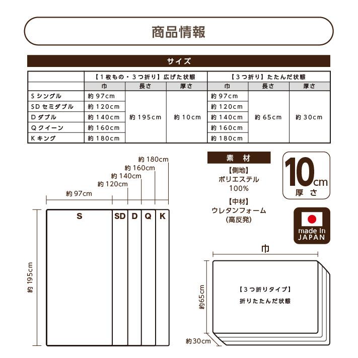 マットレス 高反発 シングルサイズ 97x195cm 厚さ10cm ウレタン使用 3つ折り 1枚もの 日本製_15