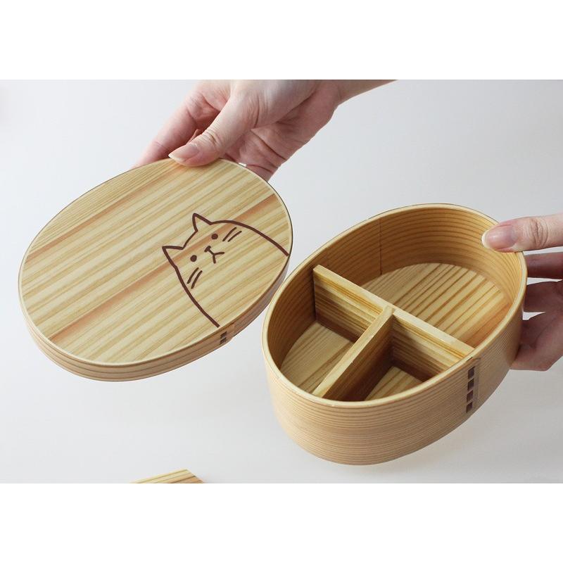 曲げわっぱ 弁当箱 小判 ナチュラル ねこ 日本国内仕上げ 650ml : 漆器