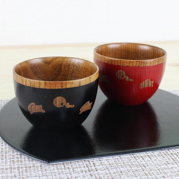 汁椀 食洗機対応 木製 ボール椀 うさぎ（赤内スリ・黒内スリ） φ10cm