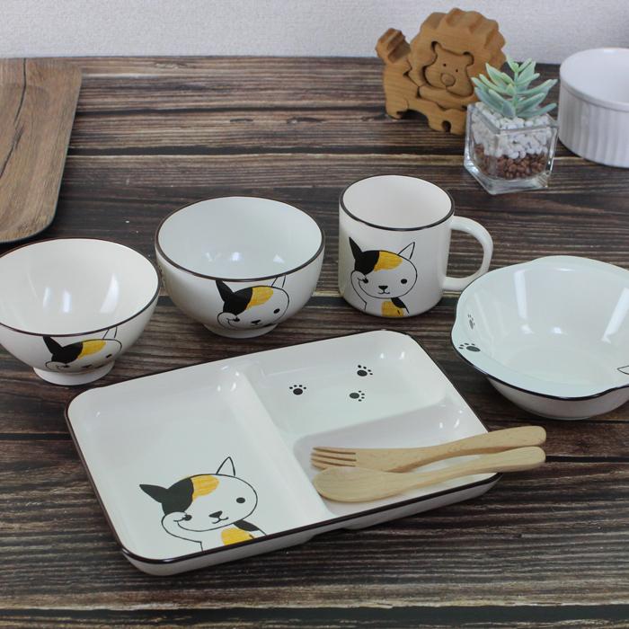 お食い初め 食器セット Helloあにまるねこ 5点セット（茶碗 汁椀 コップ クープ皿 仕切り皿）スプーン フォーク付き |  | 01