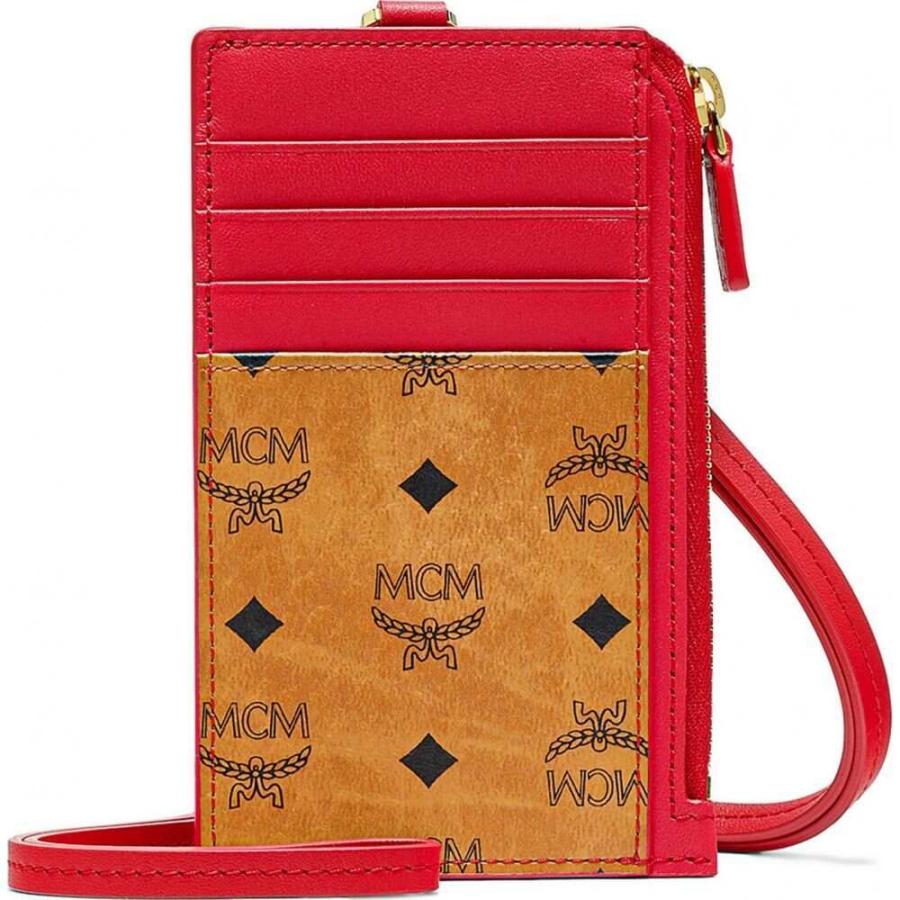 オープニング大放出セール エムシーエム Mcm レディース カードケース 名刺入れ カードホルダー ネックストラップ Visetos Original Leather Lanyard Card Holder Cognac Red 格安即決