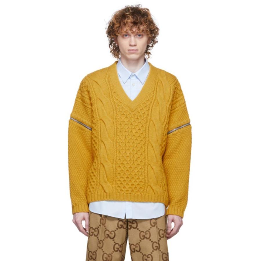 グッチ Gucci メンズ ニット・セーター ケーブルニット Vネック トップス Yellow Cable Knit V-Neck Sweater Zest ニット、セーター