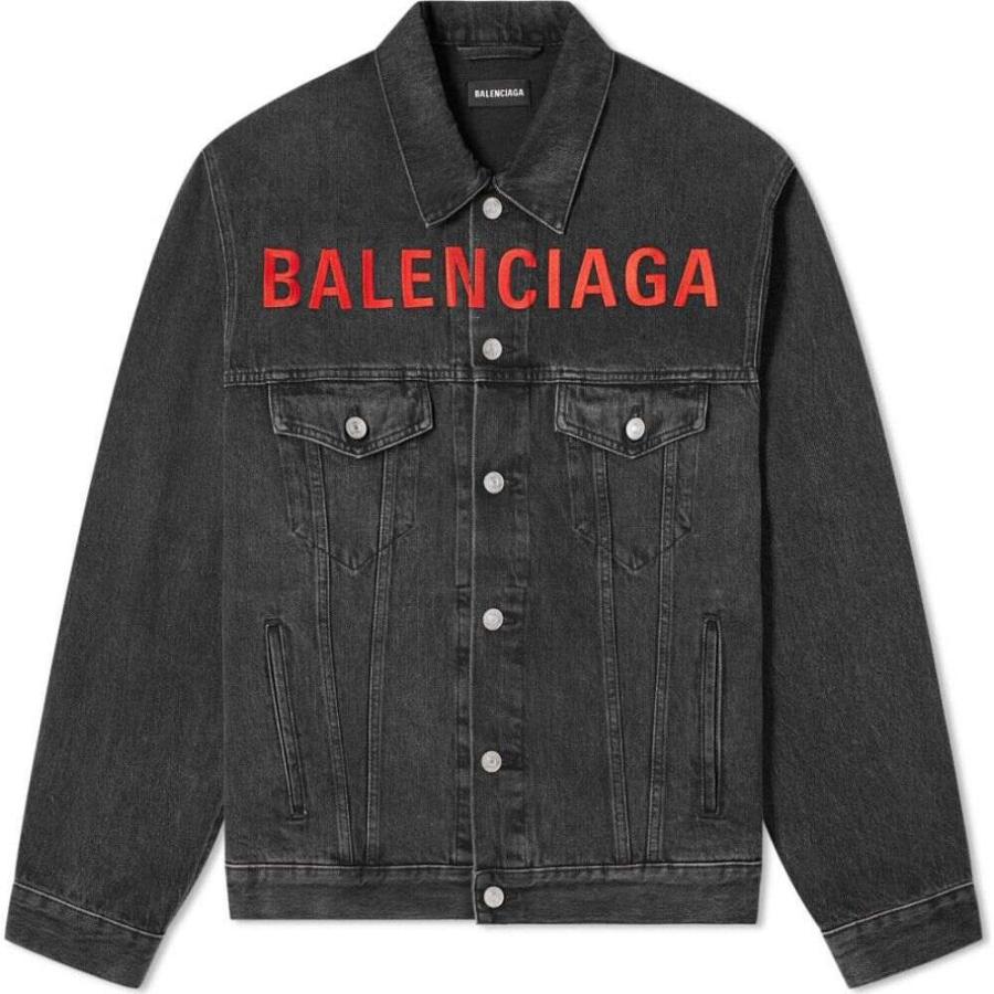 バレンシアガ Balenciaga メンズ ジャケット Gジャン アウター おすすめ Embroidered Black Logo Red Front Denim Jacket