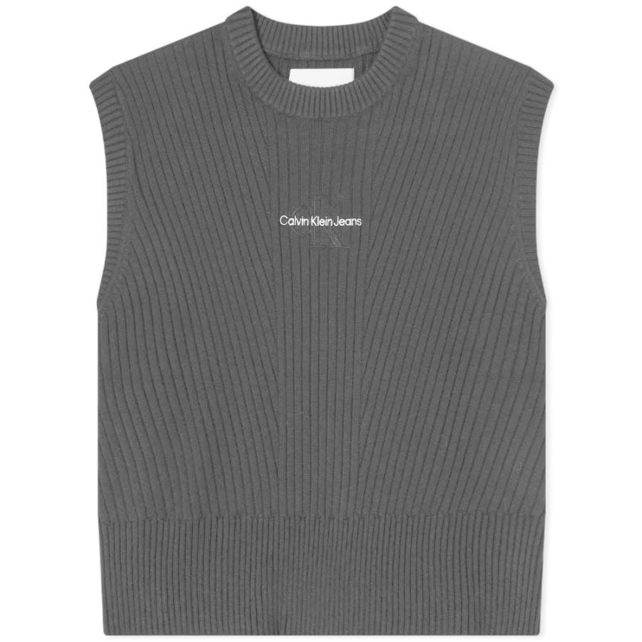 ファッションの トップス ベスト・ジレ レディース Klein Calvin カルバンクライン Monogram Black Vest Embroidery 前開き