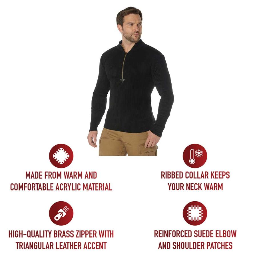 送料無料 ミリタリー  黒いコマンドセーター ジップアップ仕様 軍用インナー Rothco Quarter Zip Acrylic Commando Sweater | ROTHCO | 06