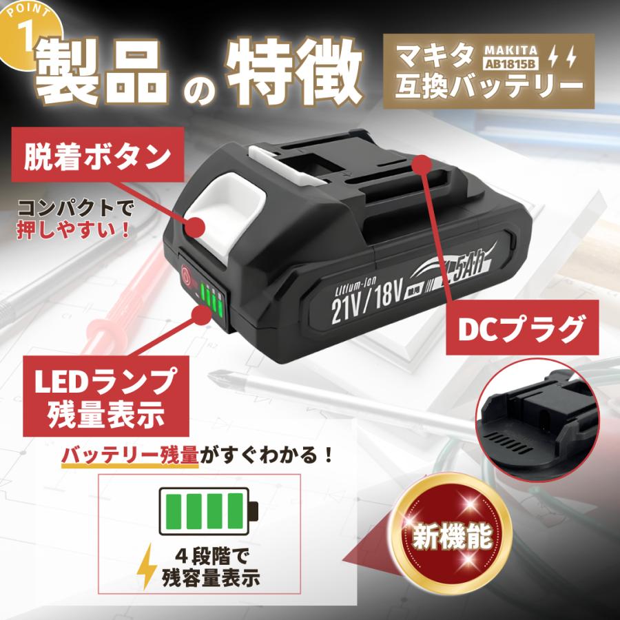マキタ 互換 バッテリー 18V 21V 兼用 1500ｍAh 充電器セット PSE認証済み 充電式 LED電池残量表示 DIY 園芸 小型 軽量 (AB1815B-HC1610/1個) | Longsafe | 04