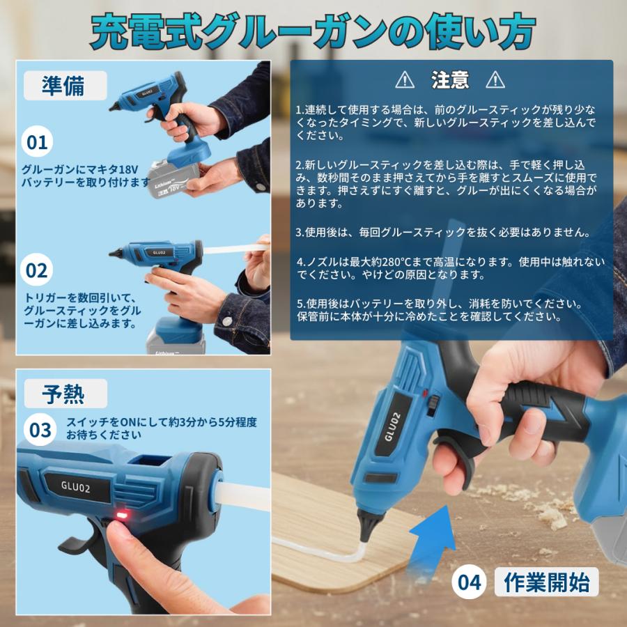 マキタ 互換品 充電式 グルーガン 18V 280℃ コードレス グルースティック 20本付 超強力 液漏れ防止 DIY 木工 手芸 補修 軽量本体のみ (GLU02-BL) | Longsafe | 07