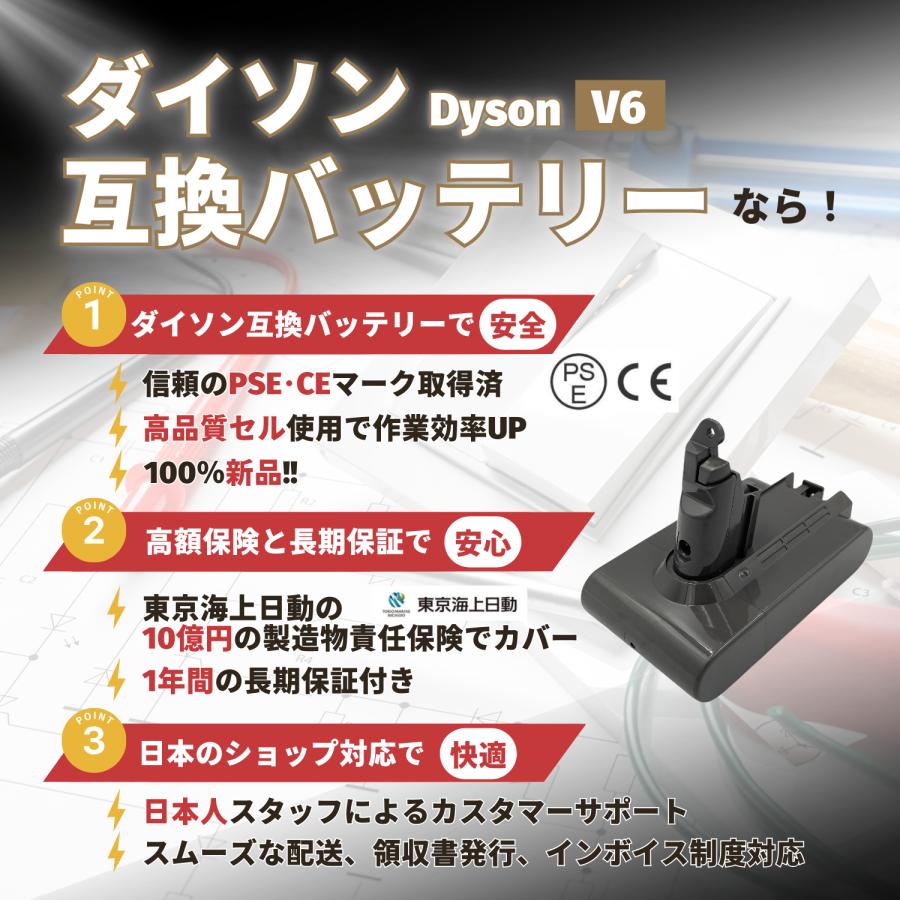 ダイソン 互換品 Dyson 互換 バッテリー V6 21.6V 4.0Ah 大容量 壁掛けブラケット対応 DC58 DC59 DC61 DC62 DC72 DC74 SV07 SV08 SV09 対応 (V6/1個) | Dyson | 03